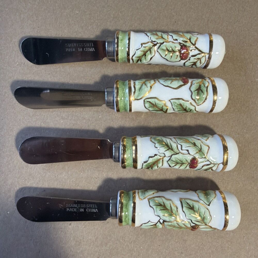 Noritake Holly and Berry Gold Condiment Cheese Butter Spreaders Set of 4